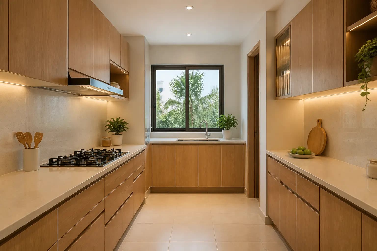 Warm oak modular kitchen planned for everyday Indian cooking