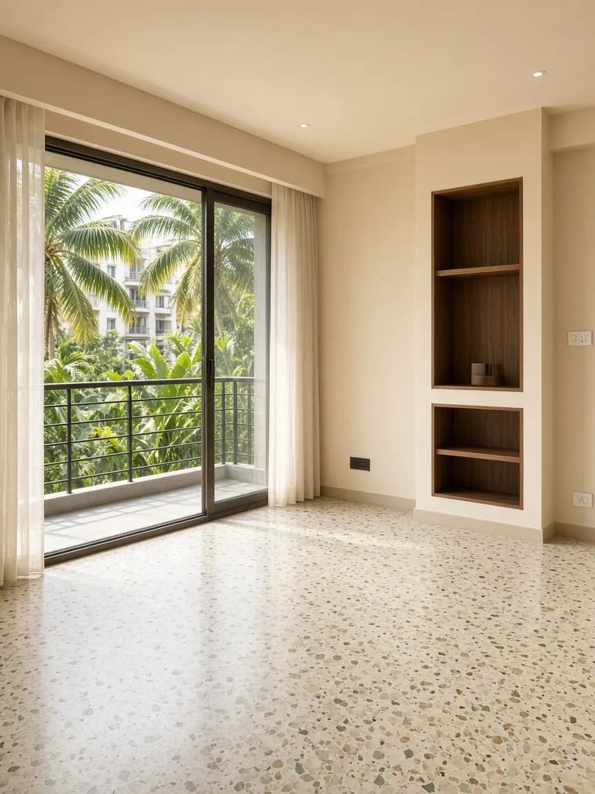 Newly built Indian apartment living room with daylight and empty storage niches