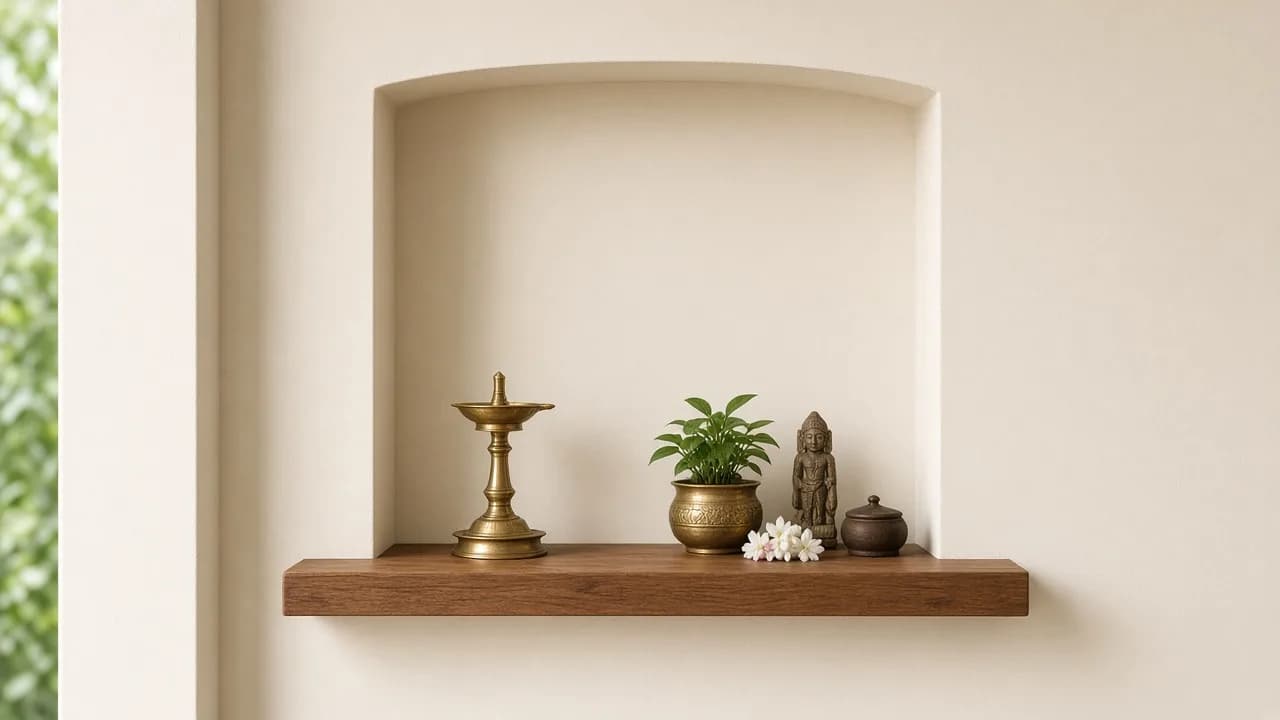 Calm timber pooja niche in an Indian home