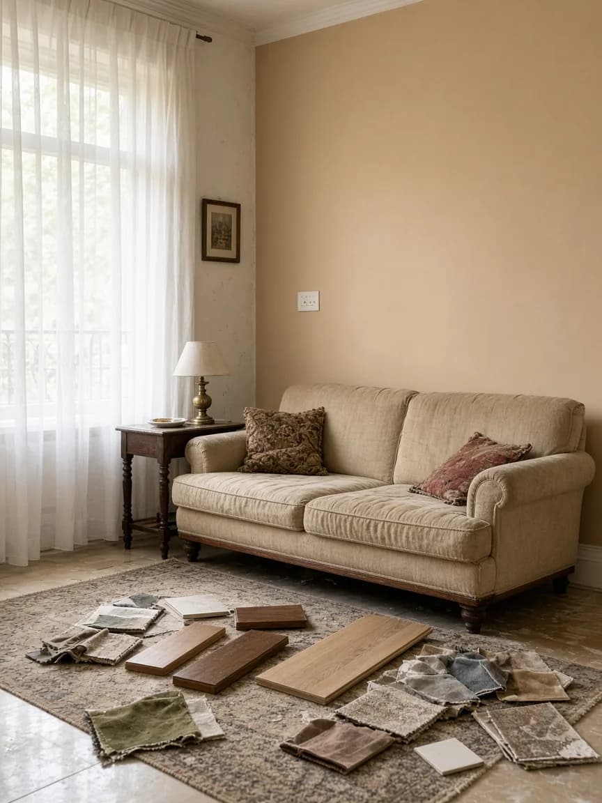Indian living room mid-renovation with sample finishes beside the existing sofa