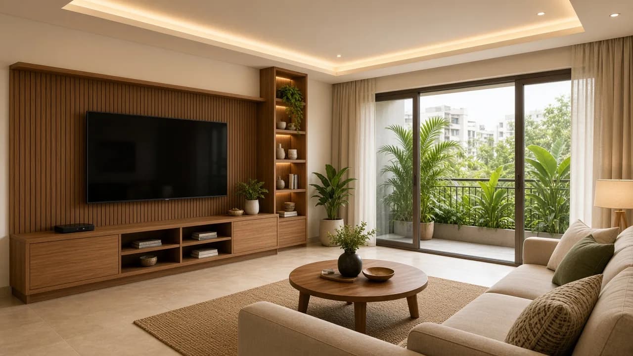 Indian living room with a restrained cove false ceiling and warm indirect light