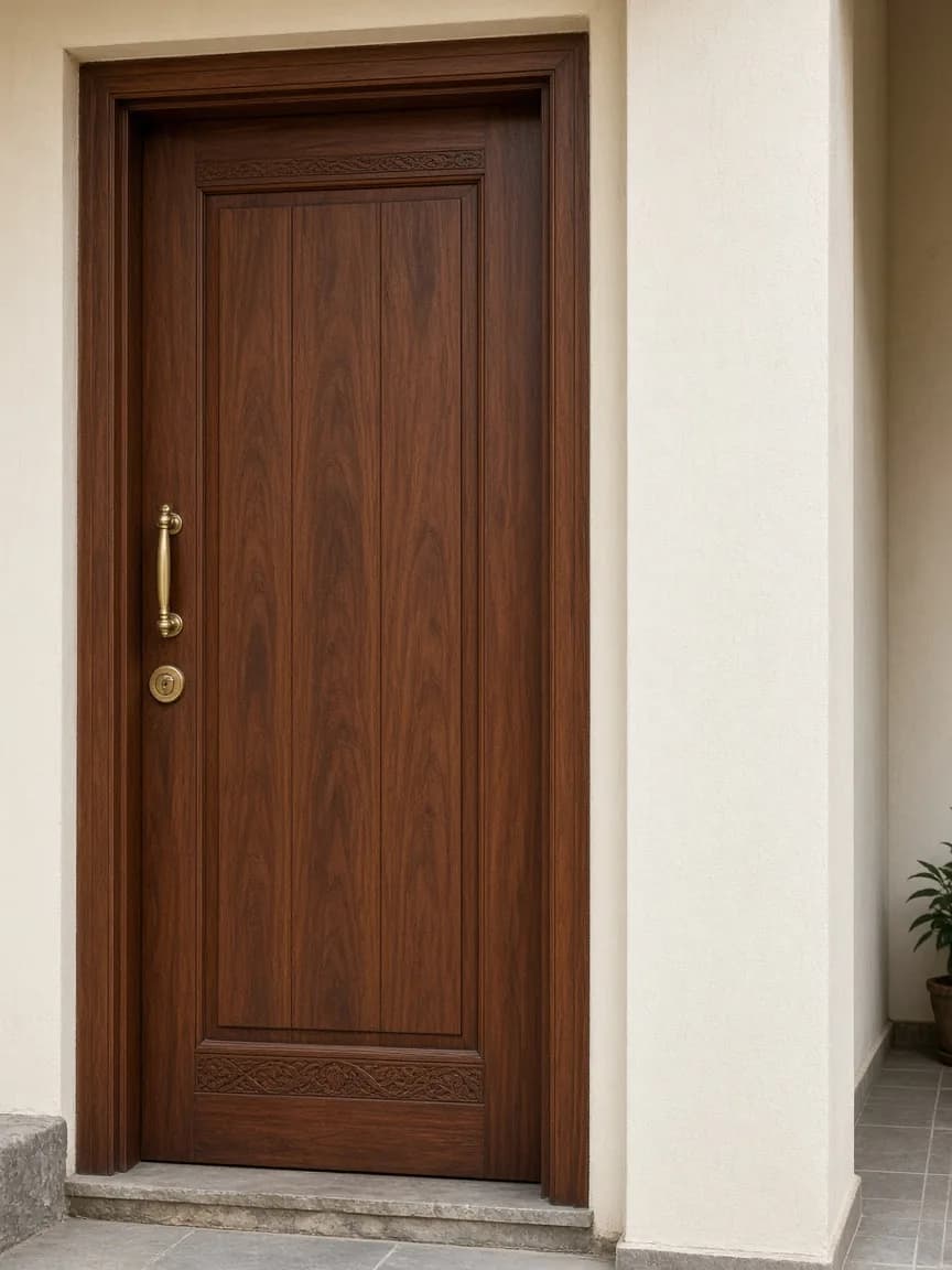 Solid teak Indian main door with a simple frame and brass handle