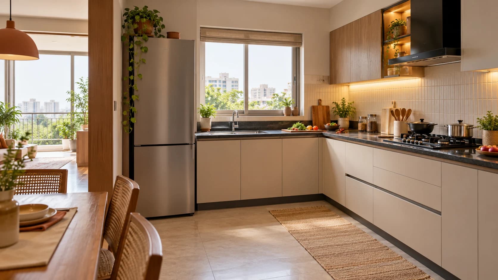 Original contemporary Indian L-shaped kitchen arranged for a clear work sequence
