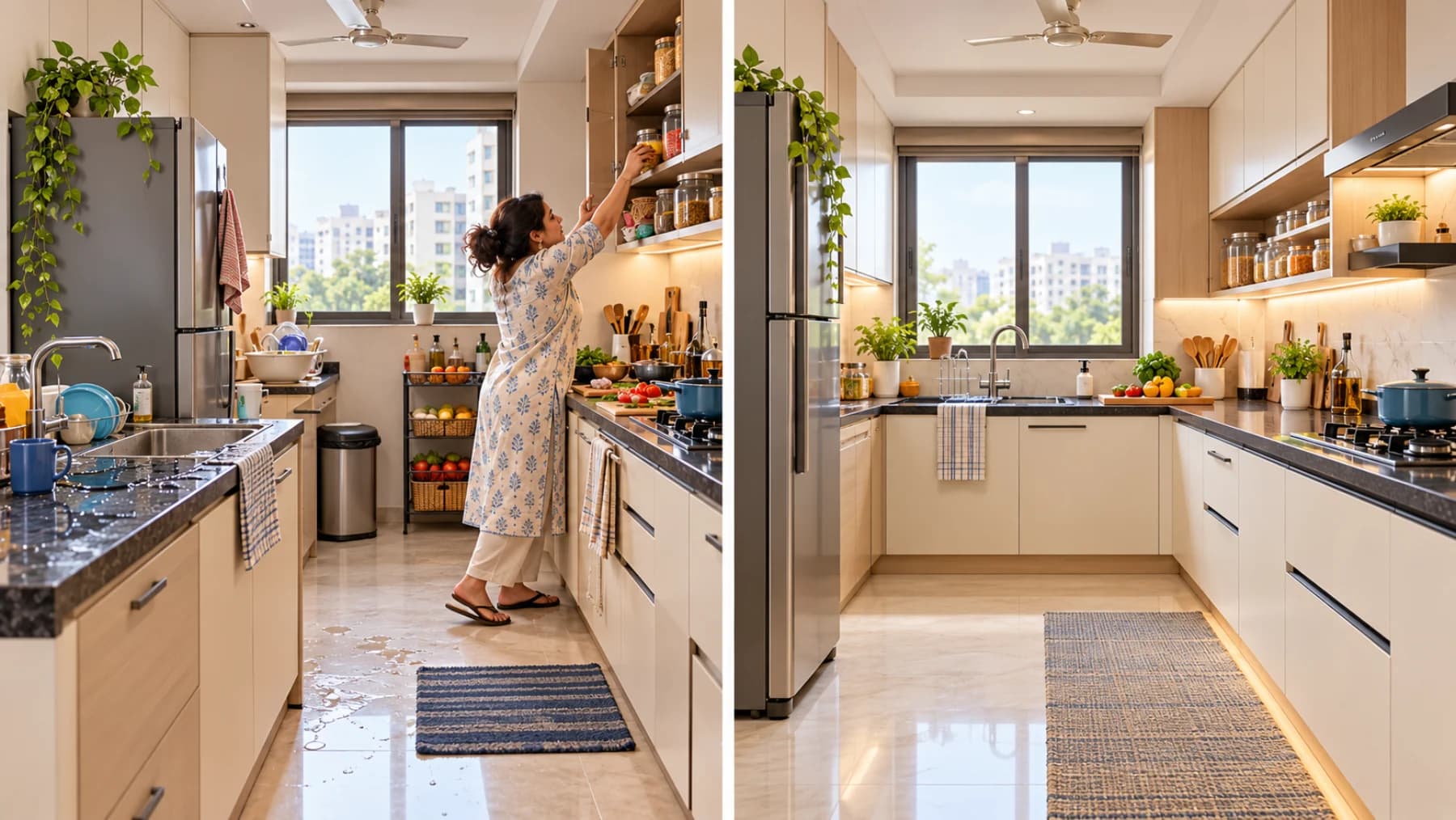Original comparison of a cluttered unsafe kitchen and a well-organised Indian modular kitchen